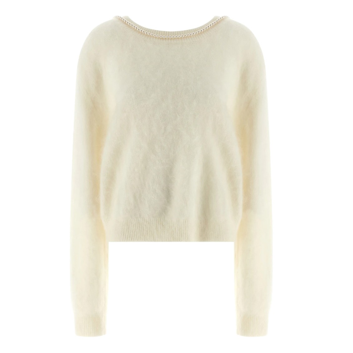 Bernadette Solne Brushed Cashmere Pullover Open Back Pearl Necklace White Small